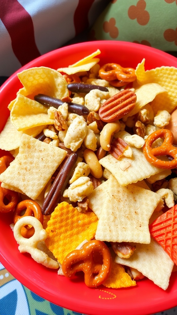 A vibrant bowl of savory snack mix with chips, pretzels, and nuts, ready for sharing.
